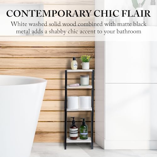 MyGift 4 Tier Shabby White Washed Solid Wood and Matte Black Metal Bathroom Floor Standing Shelf, Decorative Rectangular Bath Supplies Storage Shelving Stand