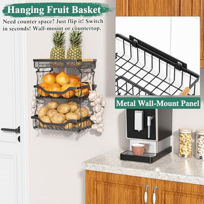 OKZEST 3-Tier Fruit Basket Fits Under Standard Upper Cabinet, 17.2" Tall | 2-In-1 Wall Mount & Countertop. Ultra-Fine Mesh Top Basket & Banana Hangers, Holds Potato, Onion, Bread, Snack, Fruit, Veggie - size: 3-Tier (Top basket with ultra-fine mesh)