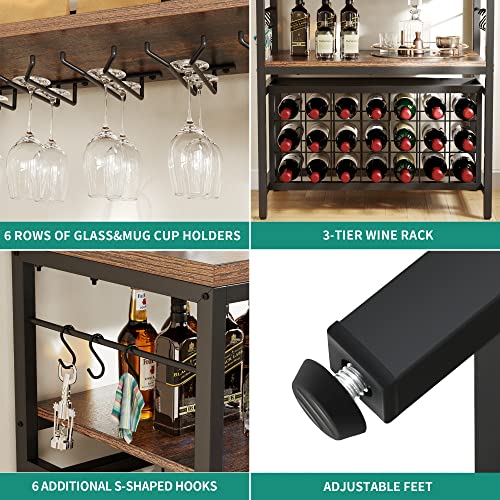 YITAHOME Kitchen Microwave Bakers Stand 31 Inches Wine Rack Free Standing Small w Storage for Liquor Glasses Power Outlet Tall Farmhouse Utility Shelf Pantry Dining Room Coffee Bar Hutch, Rustic Brown | 5-Tier Storage, Wine Rack, Glass Holders, Power Outl