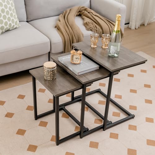 Tangkula Nesting Table Set of 3, Rectangle Stacking Side End Table w/Wood Top & Metal Legs, Adjustable Foot Pads, C-Shaped Accent Coffee Tables for Small Spaces, Living Room (C-Shaped, Gray, 3-pc) - color: Grey