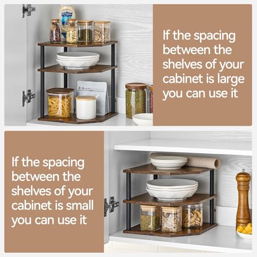 Wooden 3 Tier Corner Shelf, Countertop Storage Organizer for Kitchen Cabinets and Desk, Plates, Dishes, Bread and Small Space Decor, Adjustable