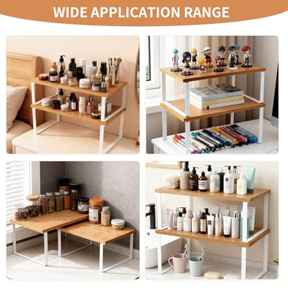 2Pack Expandable Stackable Cabinet Shelf, Metal-Wood, Warm Bamboo - color: Bamboo Color