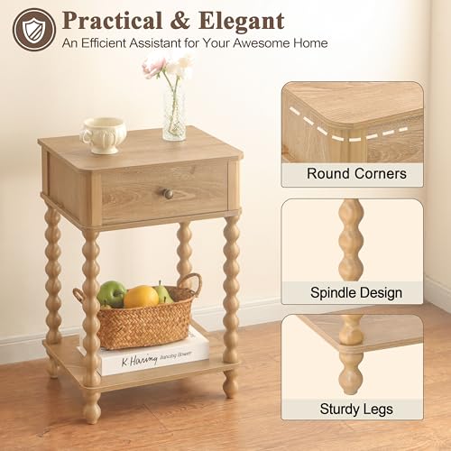 AWASEN Night Stand, Wood End Table with Drawer for Living Room, Small Bedside Side Table with Spindle Wood Legs for Bedroom, Office, Rustic Walnut - color: Rustic Walnut
