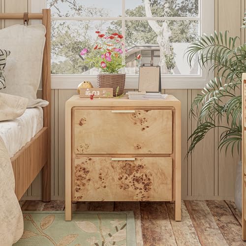 COZAYH Fully Assembled Farmhouse Nightstand with Drawer, Distressed Wood Retro Accent Bedside Table, Small Nightstand Organizer, Mid Century Modern End Table for Bedroom, Rustic, Burl - color: Natural, size: 2 Drawer-No USB