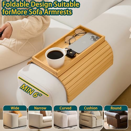 Bamboo Couch Arm Tray Table，Foldable Sofa Armrest Tray Table for Couch，Flexible and Anti-Slip Couch Arm Cup Holder，Portable Sofa Arm Chair Table for Drink,Cups, Eats，Snacks, Phone, Remote - color: Bamboo