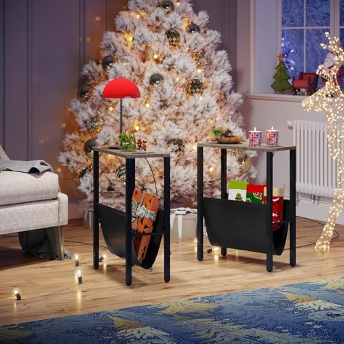Narrow End Table with Charging Station, Slim Sofa Side Table with USB Ports & Outlet, Narrow Nightstand with Storage Bag, Small Side Table for Small Spaces, Living Room, Bedroom, Greige - color: Greige