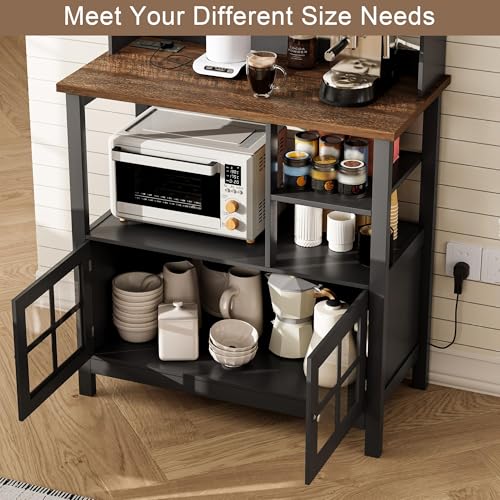 ChooChoo Farmhouse Coffee Bar Cabinet with Storage, Bakers Rack with Power Outlets, Microwave Stand Kitchen Cabinet with Hutch and 6 Hooks, Black - color: Black