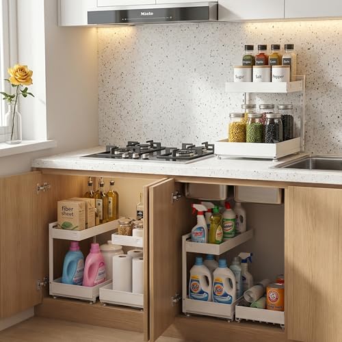 Under Sink Organizer 2 Pack, 2-Tier Metal Slide-Out Cabinet Organizer and Storage for Bathroom Kitchen, Height Adjustable Under Sink Storage Shelf with Pull-Out Drawer (2 Sets)