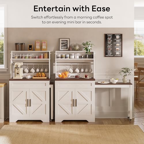 LIKIMIO 57" Farmhouse Coffee Bar Cabinet with Extendable Table & Locking Wheels, Mobile Kitchen Island Storage Cart with Magnetic Board, 5 Hooks, Adjustable Shelf, Space Saving for Apartment, White