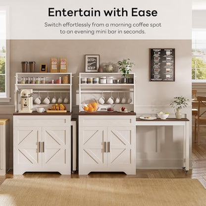 LIKIMIO 57" Farmhouse Coffee Bar Cabinet with Extendable Table & Locking Wheels, Mobile Kitchen Island Storage Cart with Magnetic Board, 5 Hooks, Adjustable Shelf, Space Saving for Apartment, White