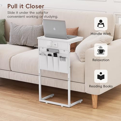 C Shaped End Table with Charging Station, 28" Tall Couch Side Table, Sofa Table Beside Table, Slide Under Sofa Arm C Table for Small Spaces, TV Tray Table for Living Room, Bedroom, White - color: White