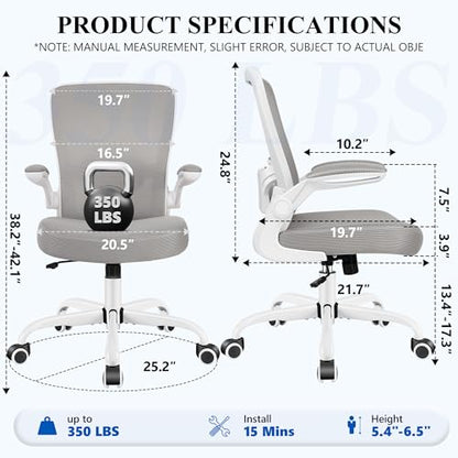 FelixKing Office Chair, Ergonomic Desk Chair Breathable Mesh Chairs Adjustable High Back Lumbar Support Flip-up Armrests, Executive Rolling Swivel Comfy Computer Chairs Home Office Gray - color: Grey