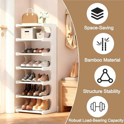 7-Tier Vertical Shoe Rack, Bamboo Free Standing Shoe Rack Shelf, Shoe Storage Stand, Entryway Shoe Tower, Vertical Shoe Organizer for Narrow Closet, Entryway, Hallway - color: White