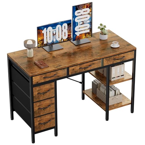 Sweetcrispy 47" Computer Desk with 6 Fabric Drawers, Home Office Gaming Desks with Storage Shelves for Bedroom, Writing Study Corner Living Room Work Table Rustic Brown - color: Rustic Brown, size: 46.8 Inches