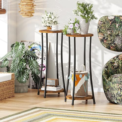 Ekisemio 2-Pack Plant Stand Indoor Outdoor, 2-Tier Round Flower Pot Holder with Rustic Brown Finish, Corner Plant Shelf for Balcony, Garden, Patio or Living Room