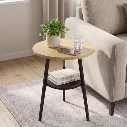 Small Round Side Table, End Tables Living Room, Oak | 2-Tier Side Table with Storage Shelf for Small Spaces, Bedside Accent Table for Living Room, Bedroom, Metal Frame & Wood Top - color: Oak