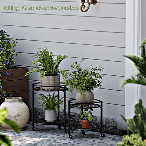 2 Tier Heavy Duty Rolling Plant Stand, 2 Pack Black | Indoor & Outdoor,150 lbs Capacity, Easy Move Cart, Balcony, Patio, Garden,Planter with Wheels - color: black