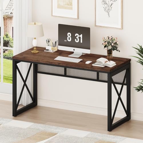 BON AUGURE Farmhouse Computer Desk, Modern Industrial Home Office Desks, Wood Metal Study Writing Table, Sturdy Gaming Desk (Rustic Oak, 54 Inch) - color: Rustic Oak, size: 54"W