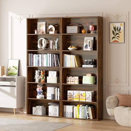 Vongrasig 6-Tier Open Bookcase and Bookshelf, Floor Standing Wood Display Storage Shelves 71 Inch Tall Bookcase Home Decor Furniture for Home Office, Living Room, Bed Room, Rustic Brown, 2 Pieces - color: Rustic Brown, size: 2 Pack