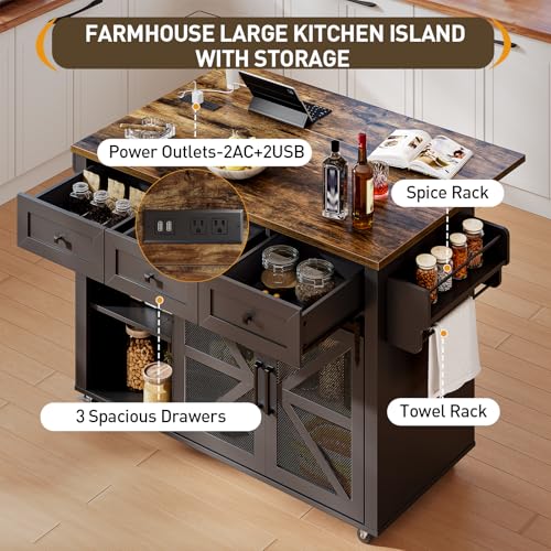 Kitchen Island with Storage, 55" Kitchen Cart with Charging Station, Rolling Kitchen Island Table with Drop-Leaf, 3 Drawers, Barn Doors, Towel Rack and Spice Rack, Black and Rustic Brown - color: Black + Rustic Brown