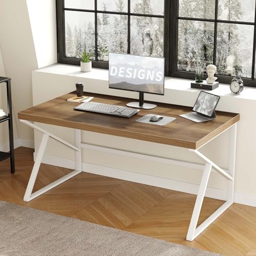 HSH Farmhouse Desk Computer Table, Modern Home Office Desk, Student Desk for Bedroom, Rustic Wood and Metal PC Laptop Desk, Simple Writing Study Gaming Desk Executive Workstation, 55 Inch - color: White and Rustic Oak, size: 55 Inch