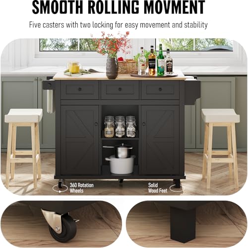 Kitchen Island with Storage on Wheels, 53" Large Rolling Kitchen Island with Drop Leaf, Mobile Kitchen Islands Cart with 3 Drawers 2 Cabinet, Open-Shelf, Islands Table (Black, 3 Drawers)
