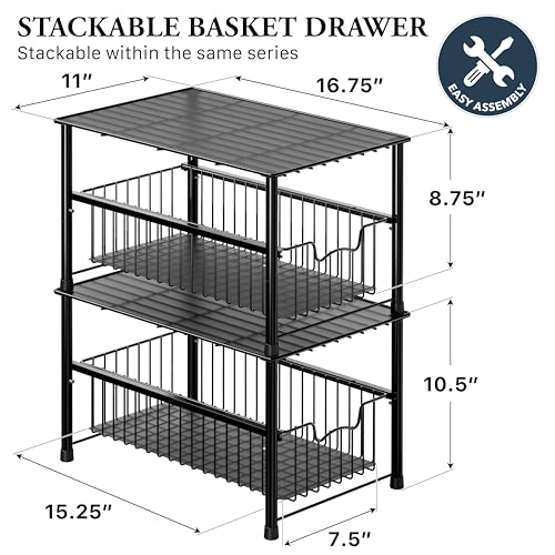 Simple Houseware Stackable Under Sink Cabinet Sliding Basket Organizer Drawer, Black - color: Black