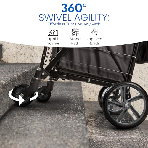 SereneLife Small Compact Folding Shopping Cart with Removable Waterproof Liner – 360° Swivel Wheels, Rust‑Proof Steel Frame, 70 lb Capacity – Portable Grocery, Laundry & Travel Cart (Black) - color: Black