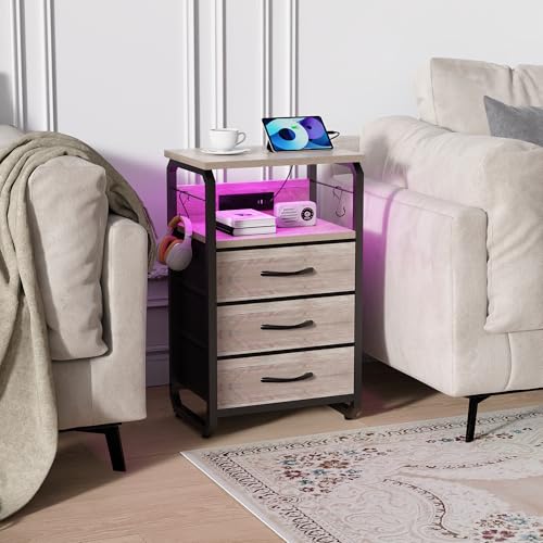 runjuly Bed Side Table with 3 Fabric Drawers, Night Stand with Charging Station, LED Nightstand with Hooks, Bedside Table End Tables with Storage, Night Tables for Bedroom (Beige) - color: Greige, style: 3 Drawers