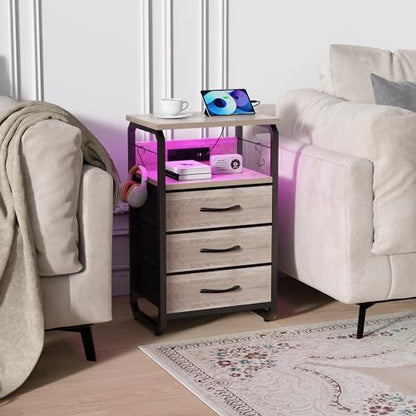 runjuly Bed Side Table with 3 Fabric Drawers, Night Stand with Charging Station, LED Nightstand with Hooks, Bedside Table End Tables with Storage, Night Tables for Bedroom (Beige) - color: Greige, style: 3 Drawers