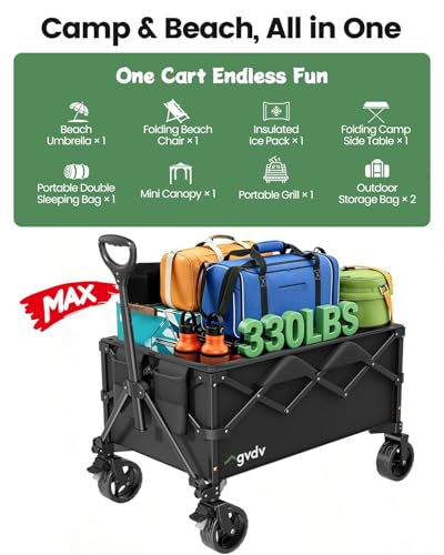 GVDV CW35 Wagons Carts Foldable, 42-Inch Extended Handle Collapsible Utility Wagon, 330LBS Heavy-Duty Shopping Cart for Groceries, Sports, Camping, Garden