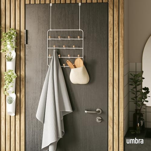 Umbra Estique Coat Rack, Over the Door Wall Hooks, 14 Hook, White/Natural | Steel, snag-free wooden pegs, fits doors to 1.6 inch, power coated finish