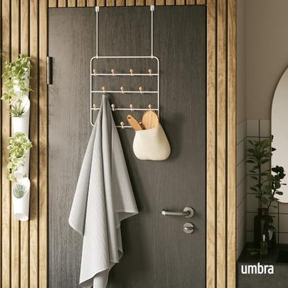 Umbra Estique Coat Rack, Over the Door Wall Hooks, 14 Hook, White/Natural | Steel, snag-free wooden pegs, fits doors to 1.6 inch, power coated finish