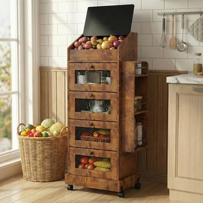 ARTETHYS Potato Storage Bin 5-Tier Rolling Bread Box Cabinet with Side Rack | Onion Keeper with Spice Rack on Wheels, Movable Fruit & Vegetable Container with 4 Ventilated Drawers for Kitchen, Rustic - color: Rustic