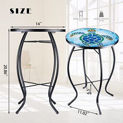 VCUTEKA Patio Side Table Outdoor Accent Table Bistro Coffee Table Plant End Table Small Porch Table Indoor Round Glass Balcony Plant Table Stands Sea Turtle 12'' - color: Sea Turtle