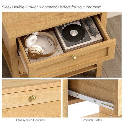 Modern Nightstand with Drawers, Large Farmhouse Wood Bedside Table with Open Shelf, 22" Wide Tall End Table for Sofa, Bedroom, Natural Oak - color: Natural Oak, size: 1 PC (2 Drawers)