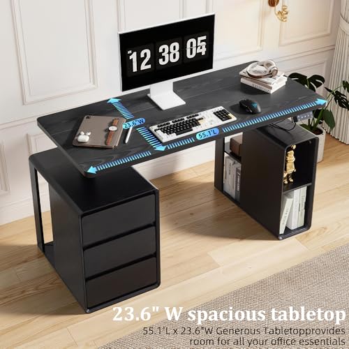 Electric Standing Desk with Drawers, 55" Office Desk Height Adjustable Executive Desk with Storage Shelves, Simple Setup Wood Desk Home Office Stand up Desk for Work, Study, Writing, Black - color: Black