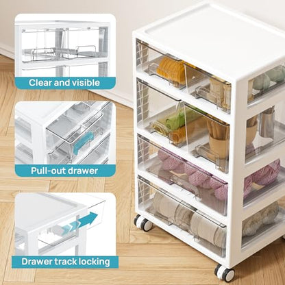 Vtopmart Plastic Drawer Storage Orangizer, 4 Tier 6 Drawers with Wheels for Office Supplies, Art Crafts, Under Desk Storage for Office, Bathroom, Dresser, 1 Pack/Clear - style: 4 Tier 6 Drawers