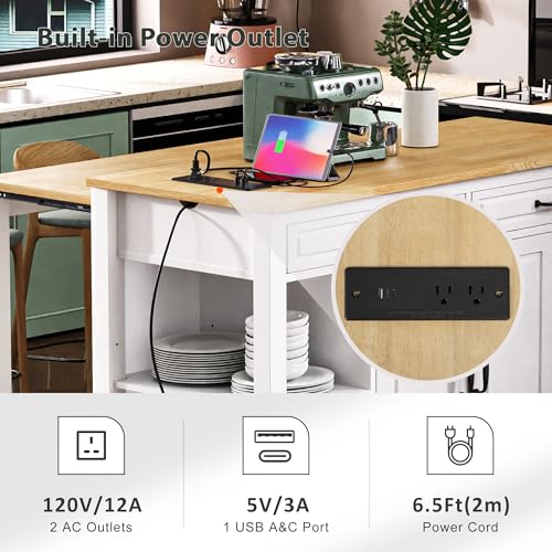 47 Extendable Countertop Coffee Station, Kitchen Storage Cabinets with Power Outlet, Kitchen Island Table with Rubber Wood Veneer for Kitchen use, White - color: White