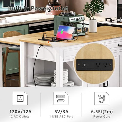 47 Extendable Countertop Coffee Station, Kitchen Storage Cabinets with Power Outlet, Kitchen Island Table with Rubber Wood Veneer for Kitchen use, White - color: White