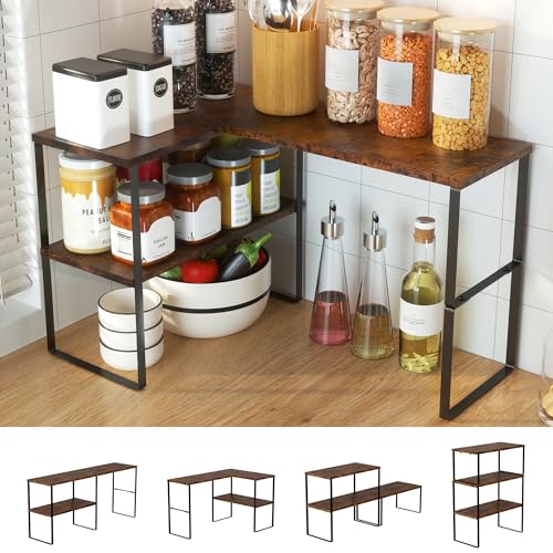 Kitchen Counter Organizer, Countertop Shelf, Adjustable, Stackable | Kitchen Countertop Organizer, Spice Rack, 2-Tier Countertop Shelves, Corner Desk Shelf, Corner Counter Shelf, Rustic Brown - color: Rustic Brown, size: Large Modern