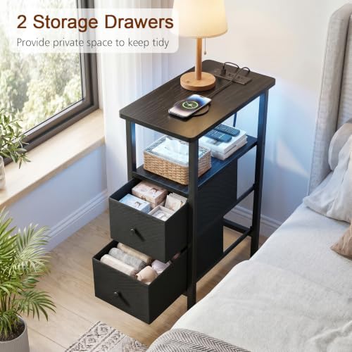 LOAKEKEL Narrow Nightstand with Charging Station, End Tables Living Room | Set of 2, Skinny Side Table with 2 Fabric Drawers, Small Sofa Table with LED Light for Bedroom, Black - color: Black, style: Power + Light