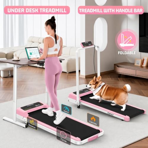 FUNMILY Upgrade Walking Pad Folding Treadmill with 12%/15% Incline & Handle Bar, 3.5HP Foldable Under Desk Compact Treadmills for Home/Office/Gym, 400+lb Capacity, Shock Absorption - color: Pastel Pink