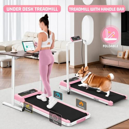 FUNMILY Upgrade Walking Pad Folding Treadmill with 12%/15% Incline & Handle Bar, 3.5HP Foldable Under Desk Compact Treadmills for Home/Office/Gym, 400+lb Capacity, Shock Absorption - color: Pastel Pink
