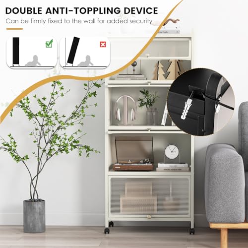 5-Tier Kitchen Storage Cabinet, Mobile Microwave Stand with Metal Frame, 4 Lockable Casters & Flip-up PC Doors, Freestanding Bakers Rack for Kitchen, Dining Room, Living Room (White) - color: White