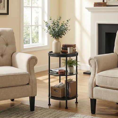 Small Round Side Table with Tray Top, 11.8" Narrow End Table, Black | 3-Tier Small Round End Table for Living Room & Bedroom, Modern Nightstand with Storage Shelf, Accent Table for Small Spaces - color: Black, style: Classic