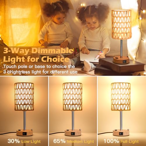 Rattan Table Lamps for Living Room, 3 Way Dimmable Touch Lamps, Small Bedside Lamps with LED Bulbs, Phone Stand, USB Ports and AC Outlet, Boho Nightstand Lamp for Bedroom Office (1 Pack Faux Wood) - size: 1 Pack Faux Wood