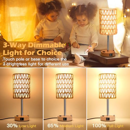 Rattan Table Lamps for Living Room, 3 Way Dimmable Touch Lamps, Small Bedside Lamps with LED Bulbs, Phone Stand, USB Ports and AC Outlet, Boho Nightstand Lamp for Bedroom Office (1 Pack Faux Wood) - size: 1 Pack Faux Wood
