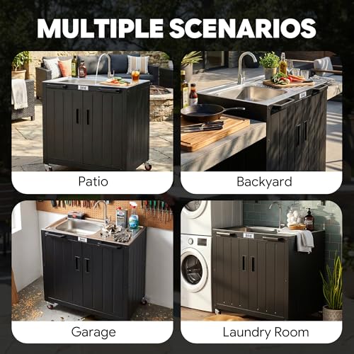 Feasto Outdoor Kitchen Island with Stainless Steel Sink and Storage Cabinet, 35-Inch BBQ Prep Station with Faucet & Lockable Wheels for Patio, Backyard, and Outdoor Cooking, Black & Silver - size: Outdoor Kitchen Sink Station
