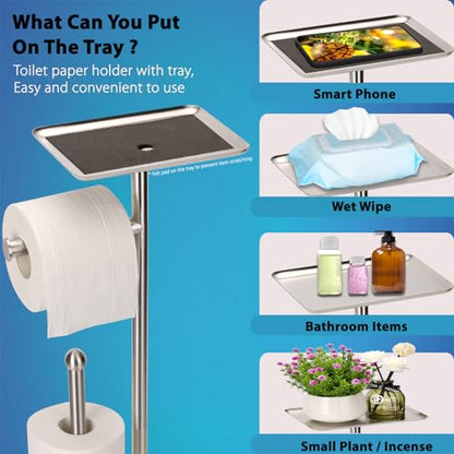 Noonext Toilet Paper Holder with Shelf, Freestanding Toilet Paper Stand with Tray for Small Items, Toilet Paper Holder Freestanding, Storage Space for 4 Extra Toilet Paper Rolls (Brushed Nickel) - color: Brushed Nickel